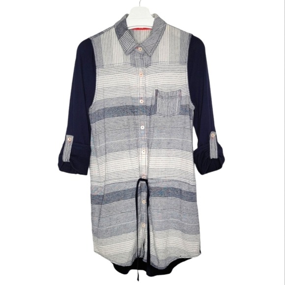 9-H15 STCL Anthro Linen Stripe Tunic Top Navy Blue Women's Sz Medium Boho Casual - Picture 2 of 15